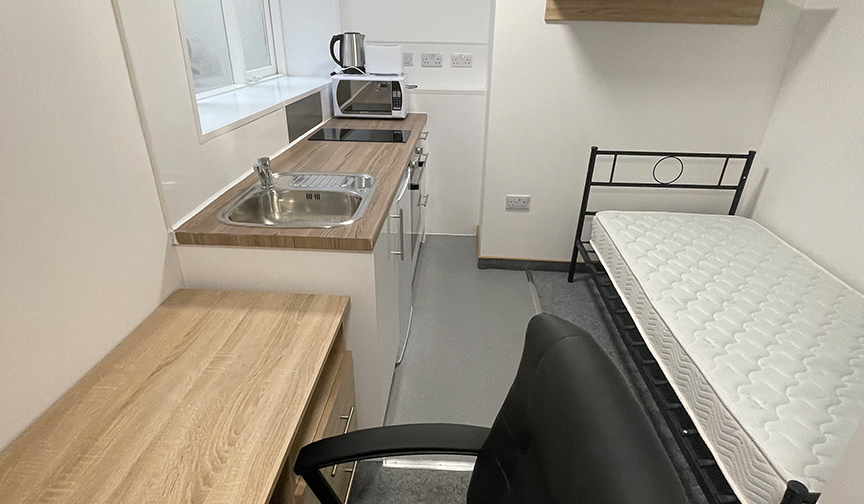 Single bed in a standard studio in Leicester Single bed standard studio
