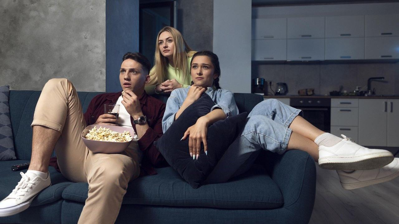 Students at Leicester student rooms watching halloween movie