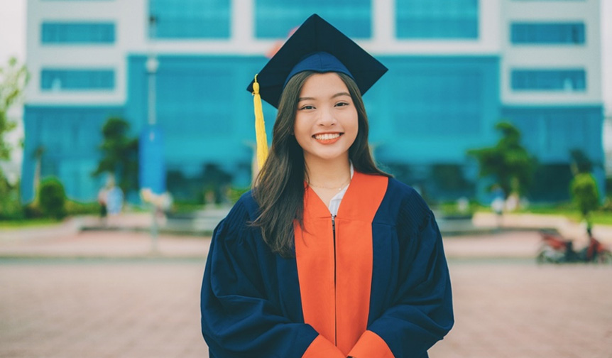 Leicester student posing outside university