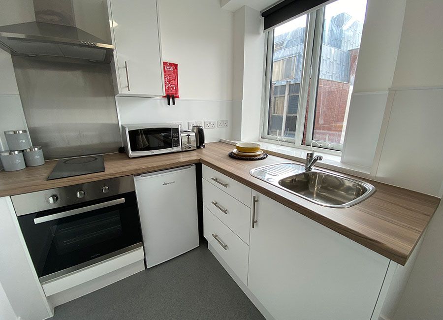 Renaissance House Loughborough Student Accommodation: One Bed Flats - Kitchen with sink and large window