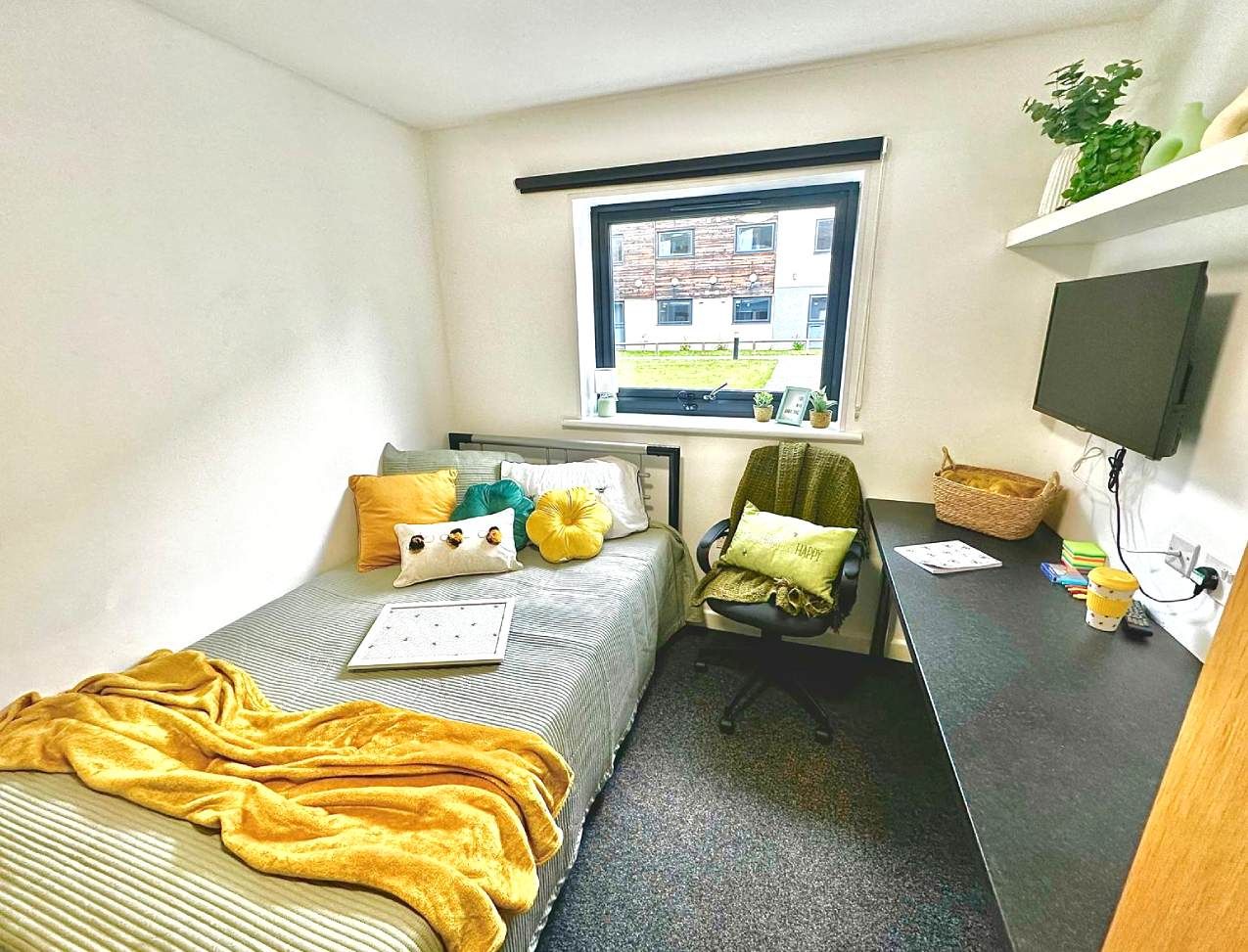 Forest Court Loughborough student accommodation: Superior Ensuite with bed and desk area and TV