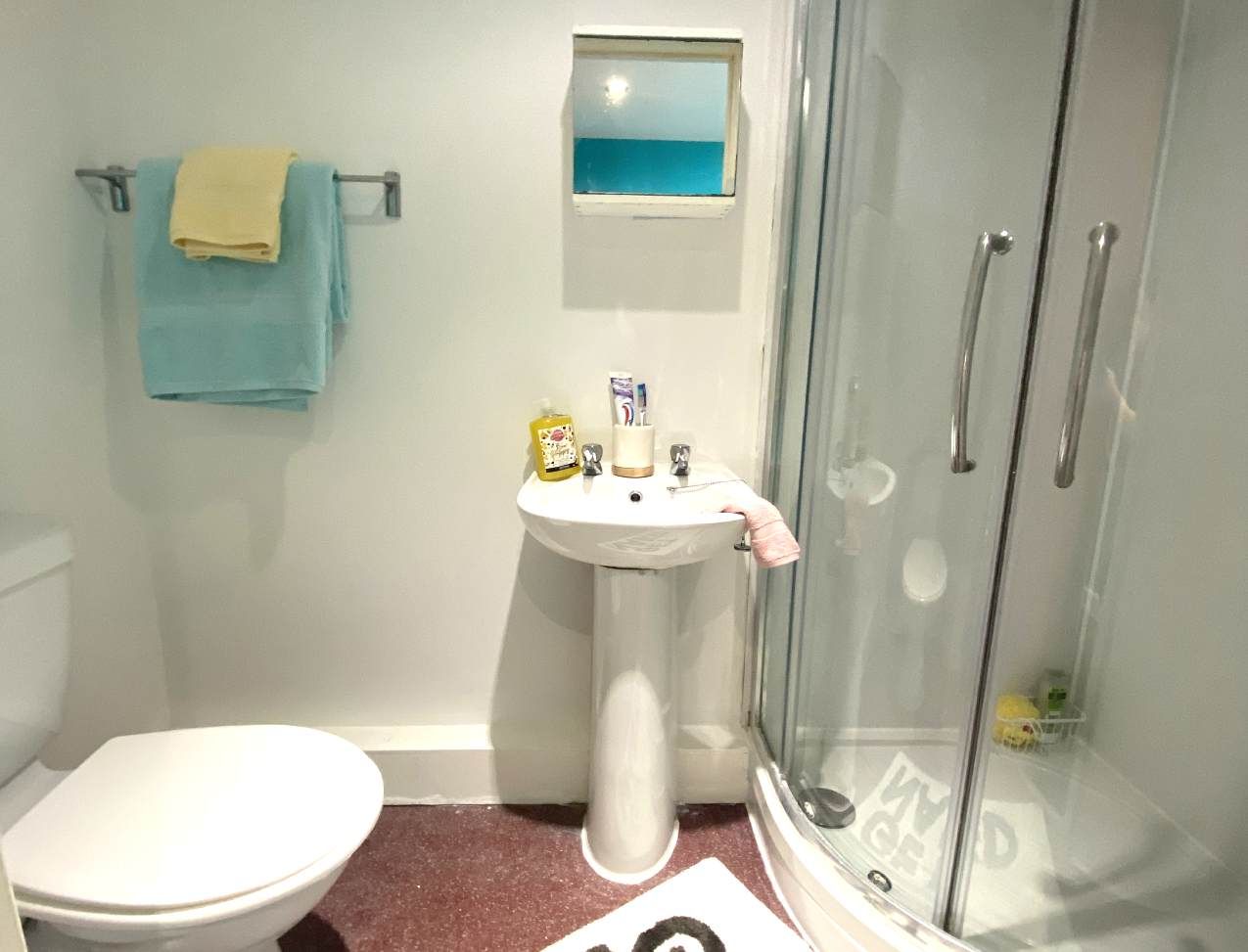 Radmoor House Student Room: Ensuite Mezzanine Room - Ensuite bathroom with shower, sink and toilet