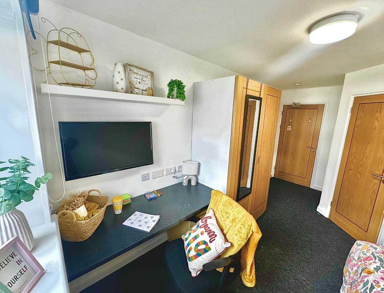 Forest Court Loughborough student accommodation: Superior Ensuite showing desk area and entrance to room