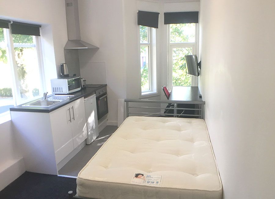 Regent Road Leicester Student Accommodation: Superior Studio - Large open window bright room with kitchen open view