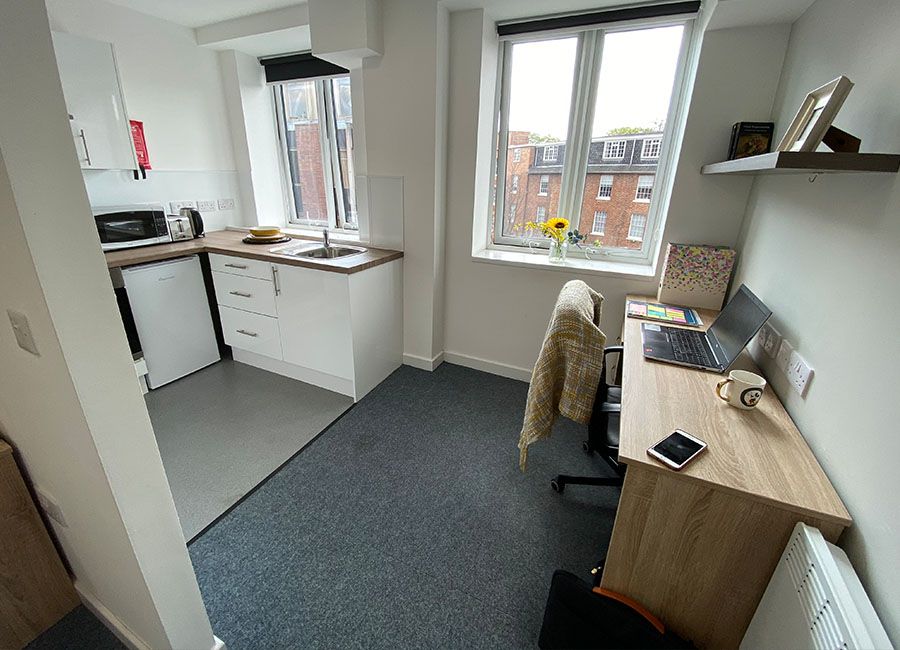 Renaissance House Loughborough Student Accommodation: One Bed Flats - Large open space with study desk and kitchen